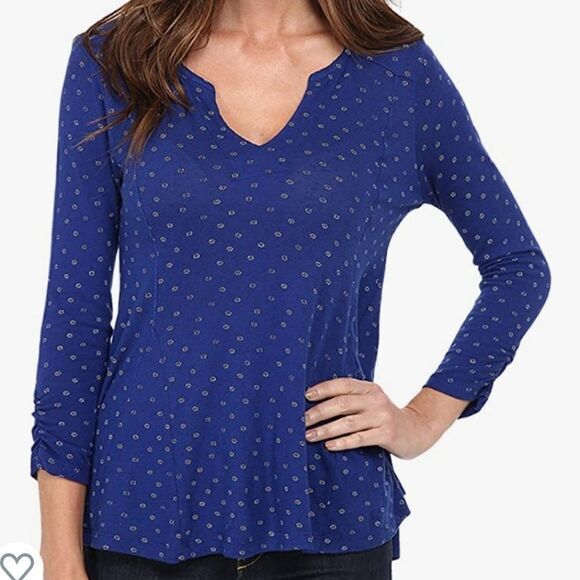 Lucky Brand Burgundy Print Ruched Sleeve Thermal Tee Linen Knit Shirt Medium Top - Picture 2 of 13